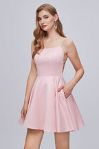 Spaghettiträger A-Linie Rückenfreies kurzes Homecoming-Kleid