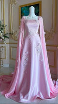 Luxuriöses langes Abendkleid aus rosa Satin in A-Linie mit hübschen Applikationen, Ballkleid Y7591