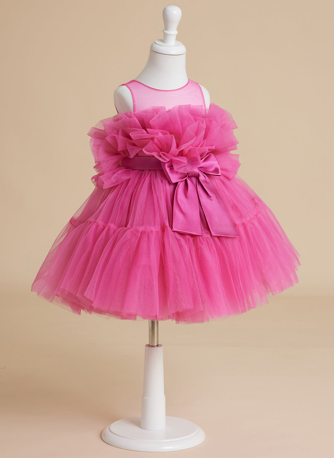 Enchanting Pink Princess Sleeveless Tulle Flower Girl Dress with Bow Accent (010224355)