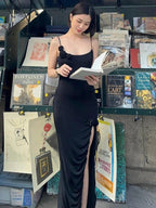 TARUXY Flower Side Slit Dress Women Sleeveless Sexy Off Shoulder Bodycon Sundress Lady Party Elegant Slim Evening Dress Woman