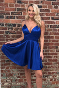Royal Blue Satin Homecoming Dresses Backless Simple Short Prom Dresses