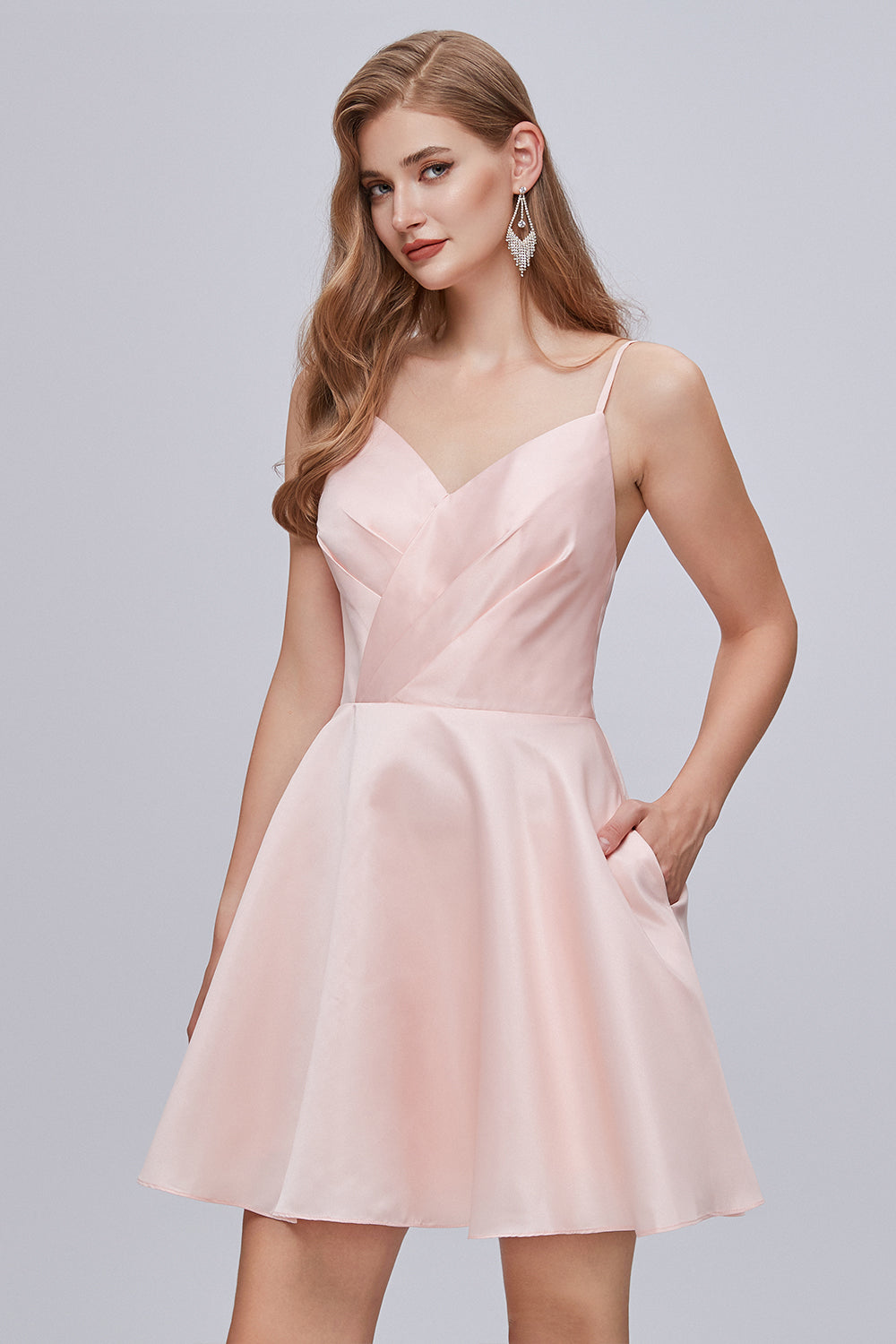 Rosa A-Linie V-Ausschnitt Spaghettiträger Schnürung Kurzes Homecoming-Kleid