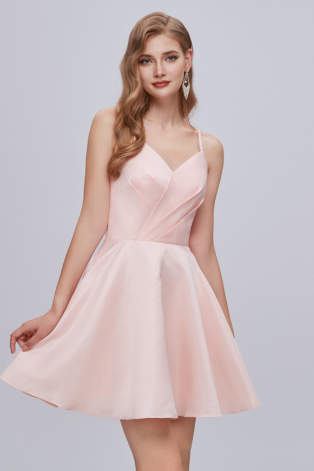 Rosa A-Linie V-Ausschnitt Spaghettiträger Schnürung Kurzes Homecoming-Kleid