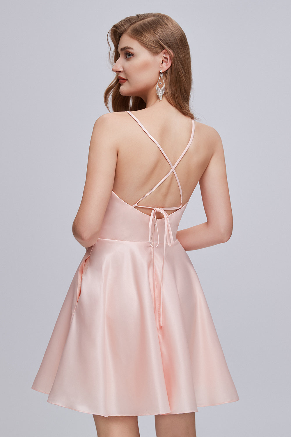 Rosa A-Linie V-Ausschnitt Spaghettiträger Schnürung Kurzes Homecoming-Kleid