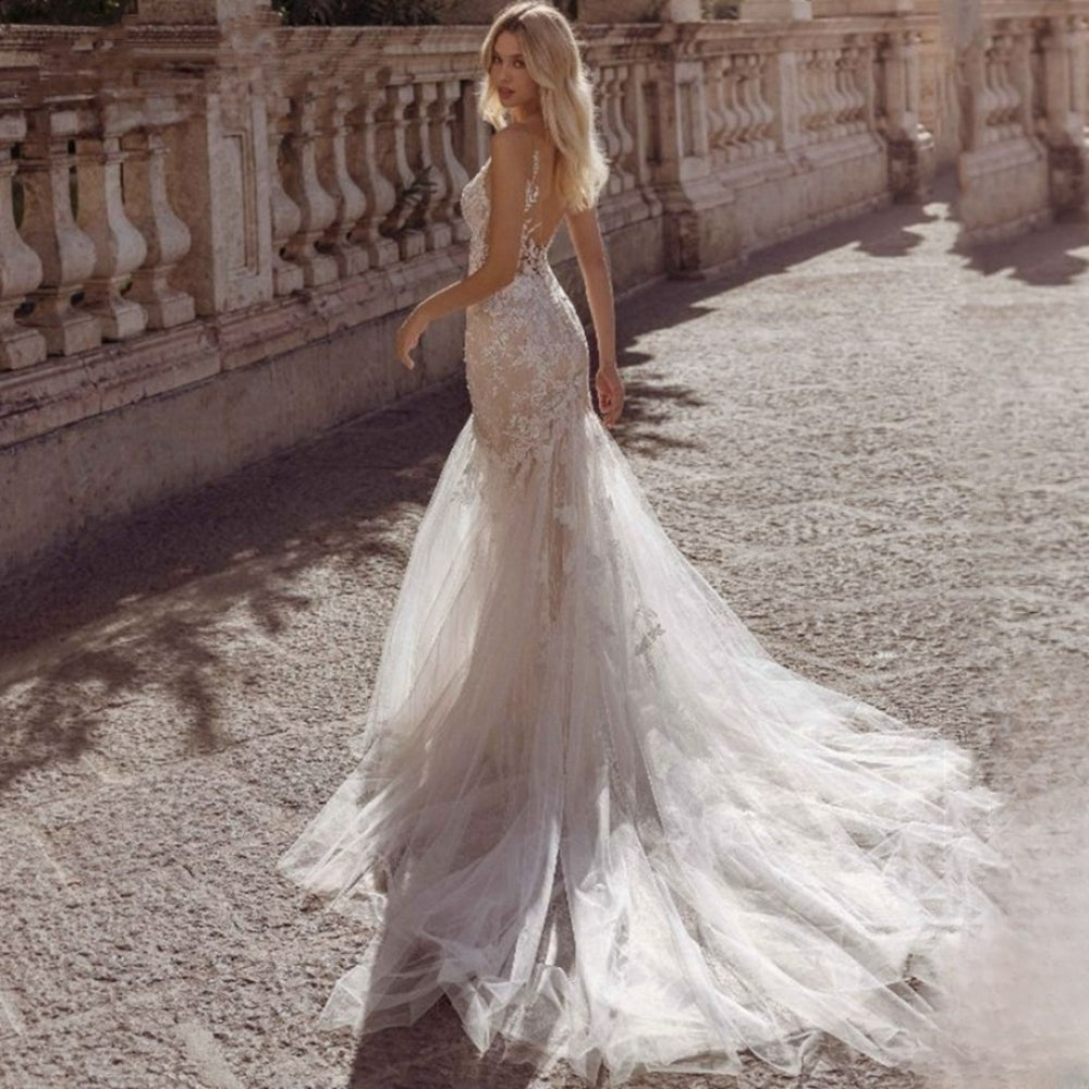 Sexy Spaghetti Straps Vestidos De Novia Lace V-Neck Mermaid Wedding Dresses Appliques Backless Vestido De Noiva-payinti