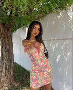 Mini-Heimkehrkleid mit Blumendruck und Spaghettiträgern Y2688