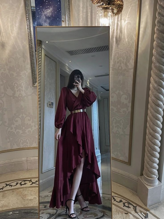A-Linie V-Ausschnitt Hi-Low Abendkleid mit langen Ärmeln Y4522