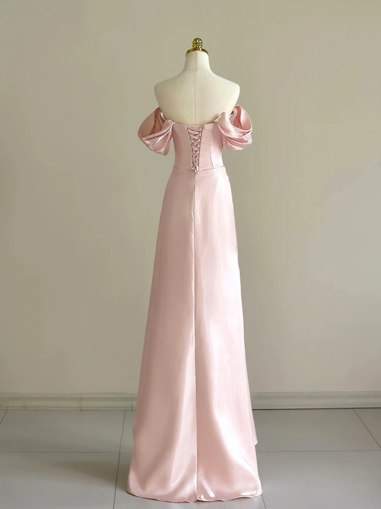Hübsches schulterfreies langes rosa Ballkleid, formelles Abendkleid mit Perlen, Y8049