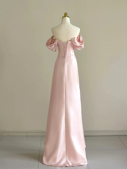 Hübsches schulterfreies langes rosa Ballkleid, formelles Abendkleid mit Perlen, Y8049