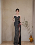 Elegante vestido de fiesta negro sin tirantes, corte sirena, abertura, lentejuelas, cuentas, vestido de noche largo Y8542