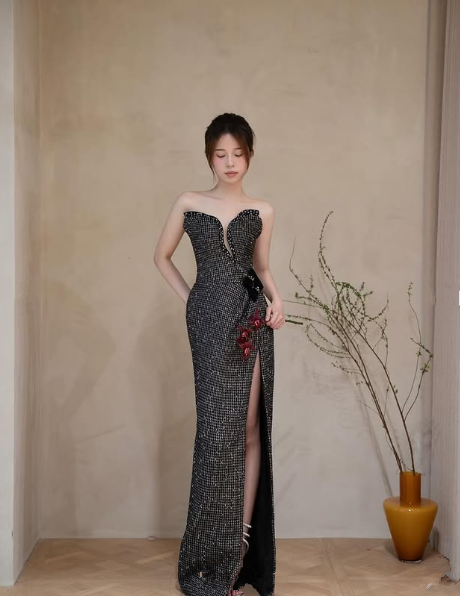 Elegante vestido de fiesta negro sin tirantes, corte sirena, abertura, lentejuelas, cuentas, vestido de noche largo Y8542