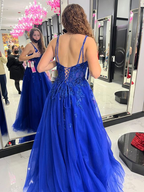 Blaues A-Linien-Ballkleid mit Tüllapplikationen Blaues Abendkleid Y6450