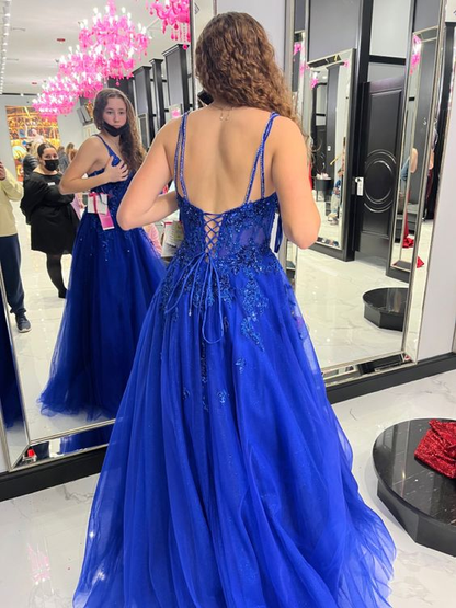 Blaues A-Linien-Ballkleid mit Tüllapplikationen Blaues Abendkleid Y6450