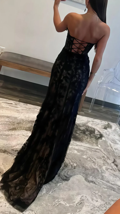 Vestido de noche negro sexy sin tirantes, escote corazón, encaje, corte sirena, vestido de fiesta Y8017