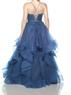 Vestido de fiesta largo azul brillante con escote en V, tul, apliques de lentejuelas y tirantes finos, Y8051