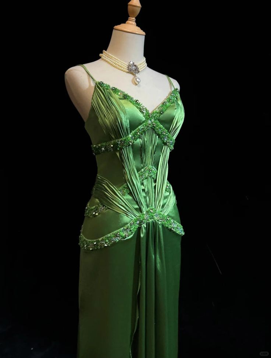Vestido de noche elegante de satén con tirantes finos y cuentas en verde menta Y8555