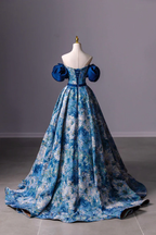 Blaues bedrucktes langes A-Linien-Ballkleid Blaues schulterfreies formelles Abendkleid Y4605