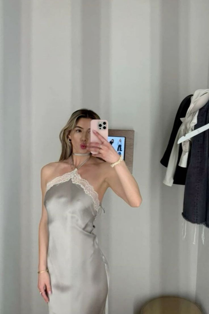 Sexy Neckholder Satin Spitze Party Abendkleid Y8169