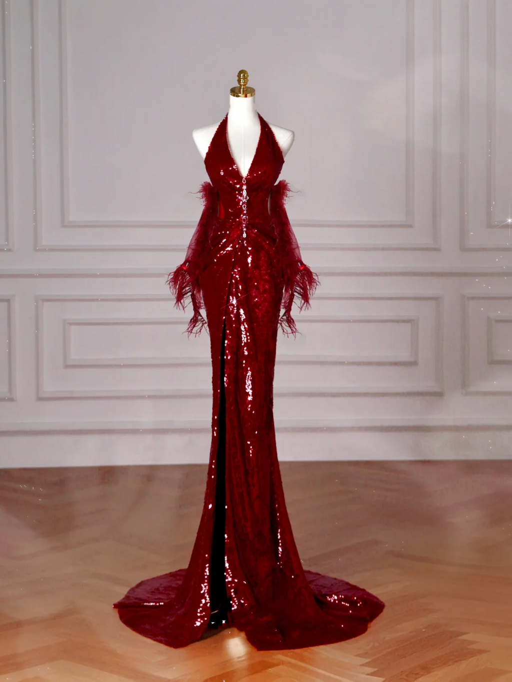 Sexy Burgund Pailletten Neckholder V-Ausschnitt Abendkleid Rückenfreies Meerjungfrau Abendkleid Y8628
