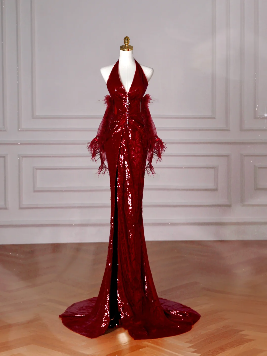 Sexy Burgund Pailletten Neckholder V-Ausschnitt Abendkleid Rückenfreies Meerjungfrau Abendkleid Y8628