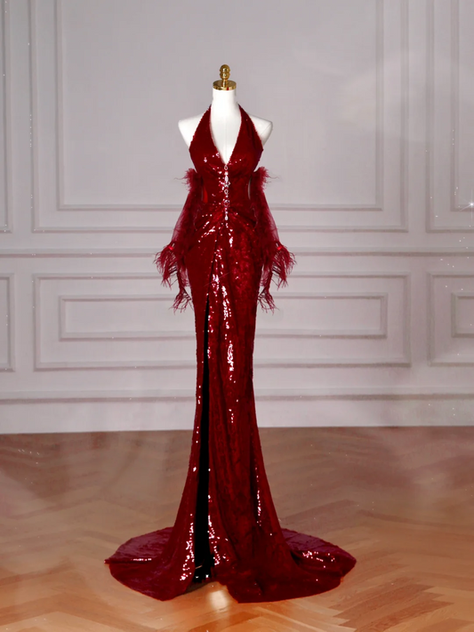 Sexy Burgundy Sequins Halter V Neck Evening Dress Backless Mermaid Evening Dress Y8628