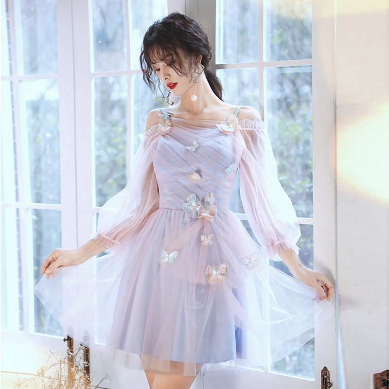 Adorable vestido de fiesta corto rosa y azul con mariposas, bonito vestido de bienvenida Y2742