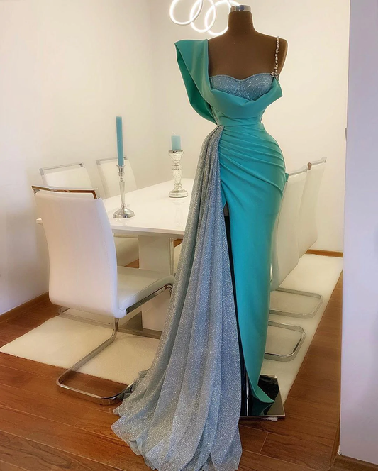 Blaue Meerjungfrau-Abschlussballkleider mit High Side Split Glitter Satin Real Image Sweep Train Robe de Soirée de Mariage Abendkleid Y57