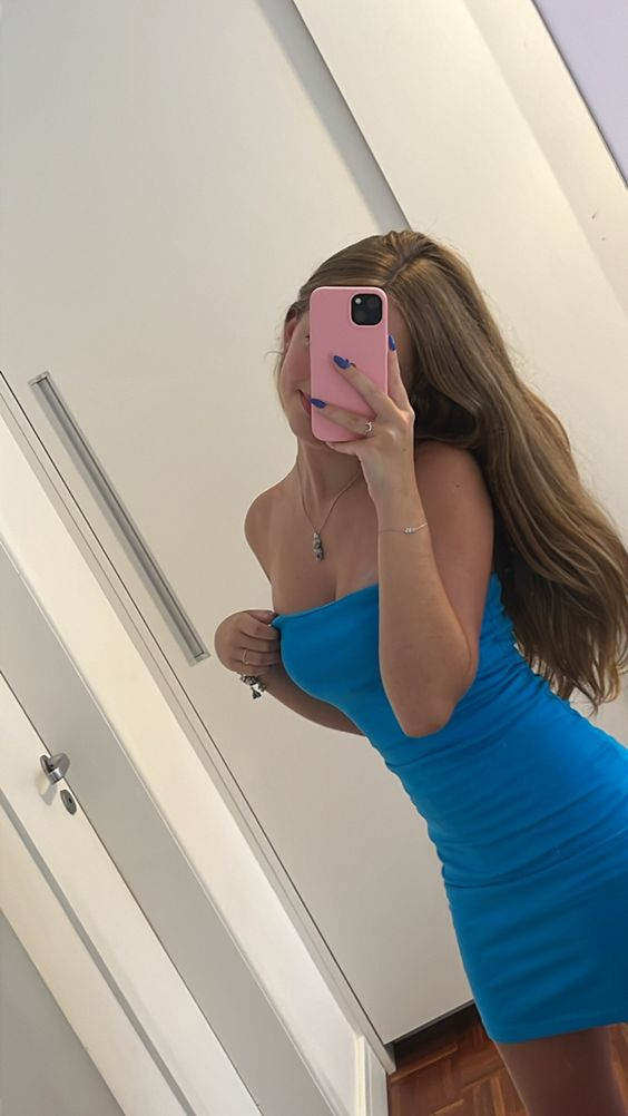 Lindo vestido azul sin tirantes para fiesta de bienvenida, vestido ajustado azul Y1996