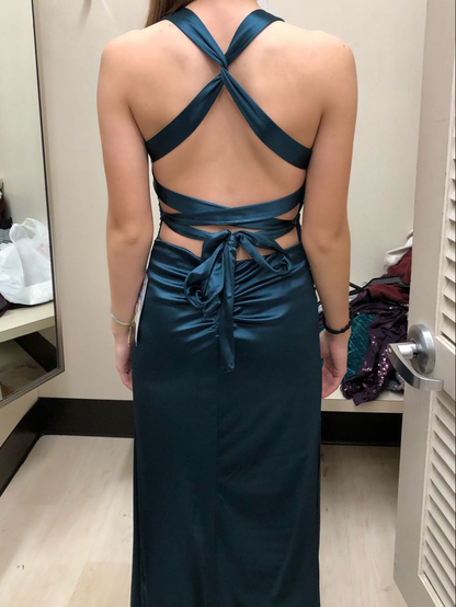 Vestido largo formal de satén para mujer, color verde azulado, con espalda de tiras y sin mangas, Y2928