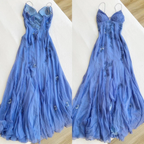 Vestido largo de gasa azul con tirantes finos, elegante, para fiesta de graduación y noche, Y7457