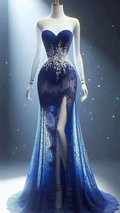 Sexy Trägerloses Meerjungfrau-Abschlussballkleid mit Perlen und Spitze in Blau mit langem Schlitz Y8362