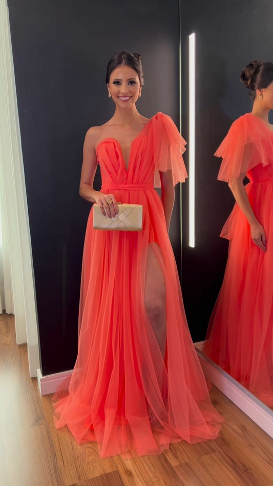 Vestido de noche elegante de corte A con un solo hombro y abertura en la espalda Y5236