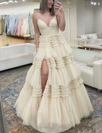 Champagner A-Linie Spaghettiträger Rüschen Formale Abendkleider Langes Ballkleid Y6801