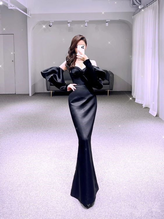 Vestido de fiesta negro de sirena sencillo, vestido de noche largo de satén Y6416