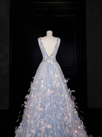Glamorous V Neck Tulle Beaded Feathers A Line Prom Dress Evening Dress Y8682