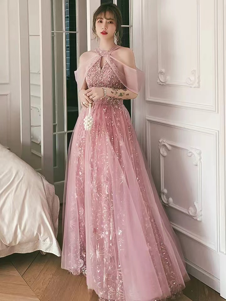 Vestido de fiesta rosa, vestido de fiesta con cuello halter, dulce vestido de noche de hada Y1918