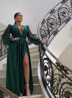 Sexy V-Ausschnitt Langarm Ballkleid Grün Split Lange Abendkleider Y5050