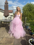 Shiny Pink Tulle Tiered A Line Prom Dress Straps Evening Gown Y7932