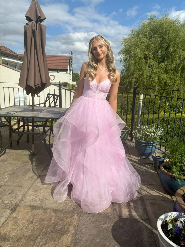 Glänzend rosa Tüll A-Linie Ballkleid Träger Abendkleid Y7932