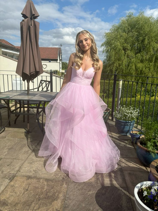 Glänzend rosa Tüll A-Linie Ballkleid Träger Abendkleid Y7932