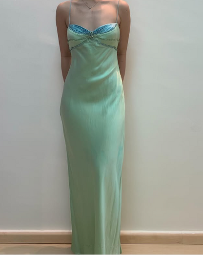 Sexy Spaghettiträger Grün Satin Perlenbesetztes Ball-/Abendkleid Y7757