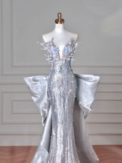 Vestido de noche largo estilo sirena con lentejuelas plateadas y cuentas 3D, de lujo, con lazo, Y8640
