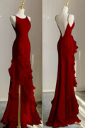 Vestido de noche playero de sirena con volantes, tirantes finos y espalda descubierta, Y5651