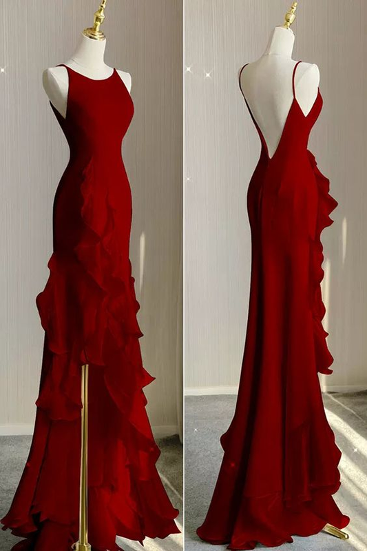 Vestido de noche playero de sirena con volantes, tirantes finos y espalda descubierta, Y5651
