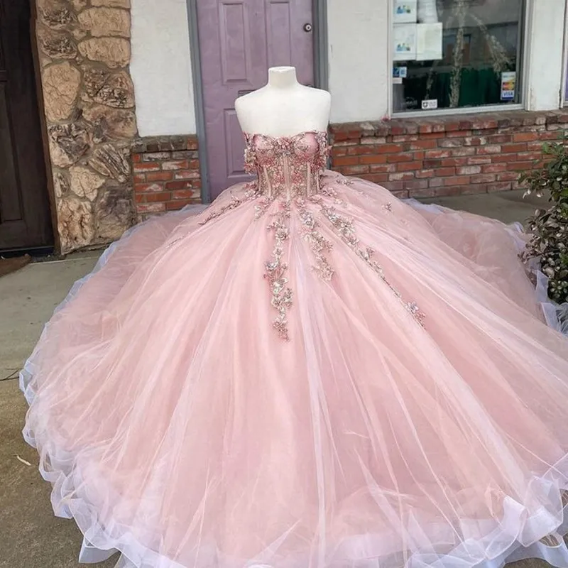 Vestido de fiesta de quinceañera con apliques florales de tul rosa Y527
