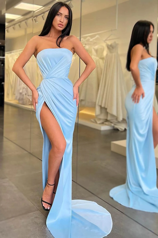 Vestido de noche largo de sirena azul claro sin tirantes y abertura Y370