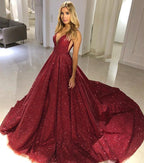 A-Linien-Abendkleid mit schulterfreiem V-Ausschnitt und burgunderroten Pailletten