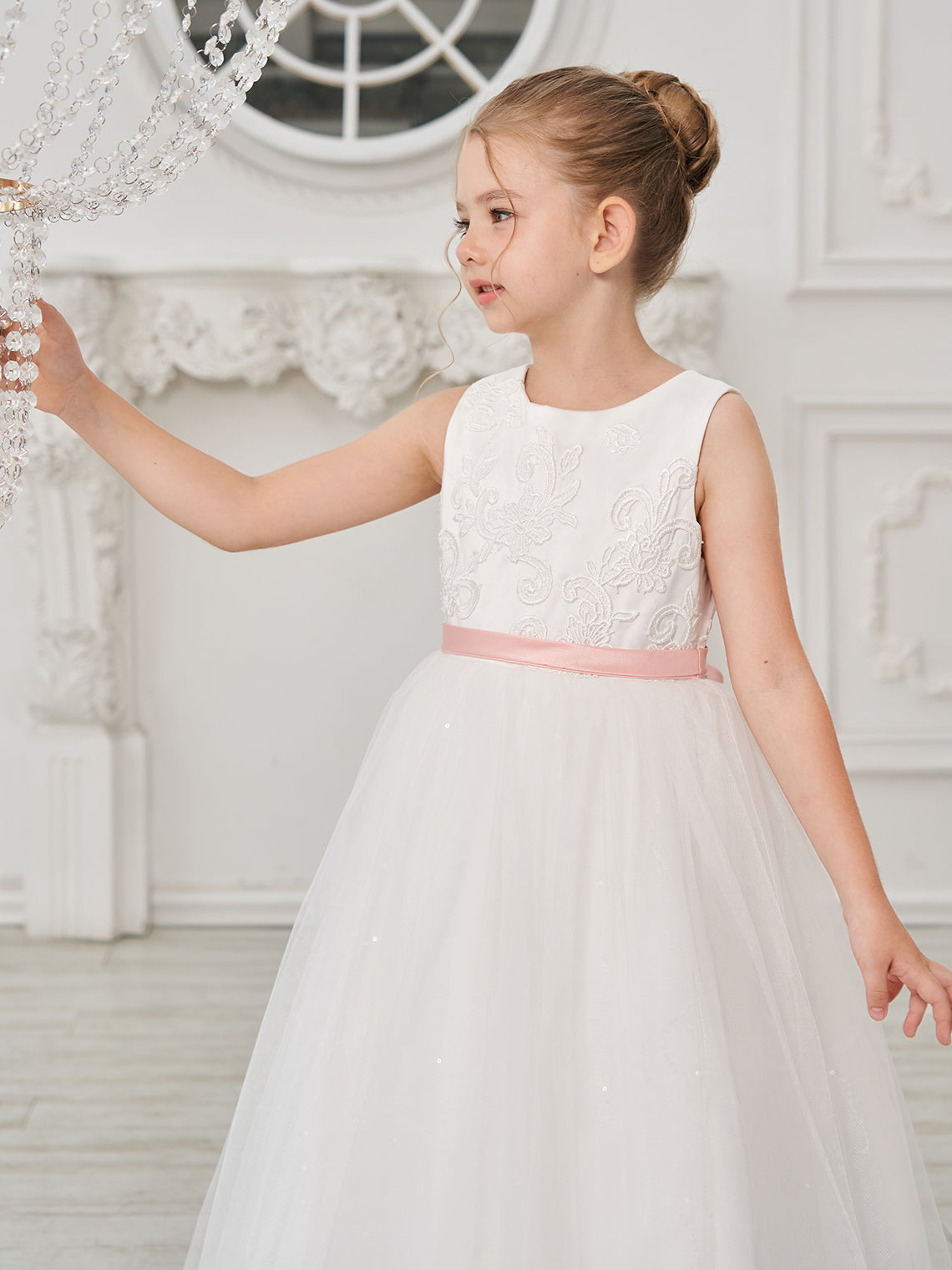 Duchesse-Linie/Princess-Linie Tüll Bodenlang Elfenbein Blumenmädchenkleid 