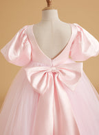 A-Linie Satin Tüll Kurzarm Blumenmädchenkleid 