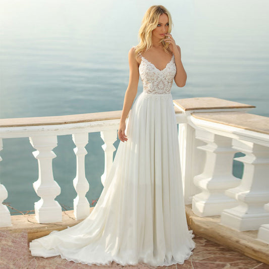Spaghetti Straps Wedding Dress Elegant Lace Appliques Bridal Gown V Neck Backless Chiffon Robe De Mariée Custom Made-payinti